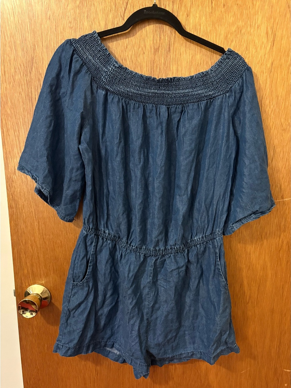 blue island Chambray Blue Smocked Neck Romper